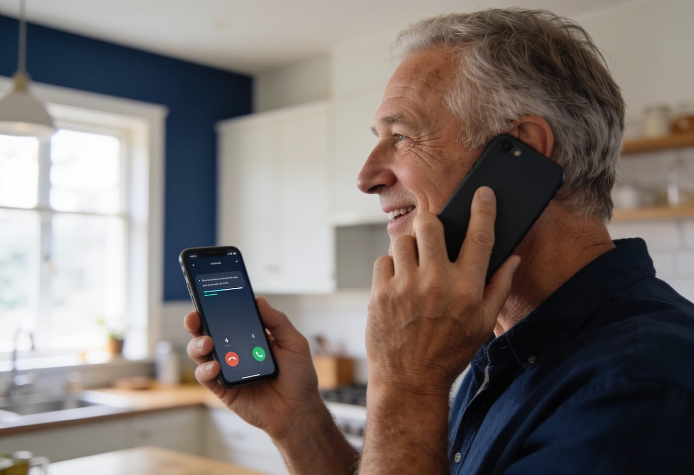 Illustrationsbild: man håller en mobiltelefon under ett samtal där det som sägs visas som text på skärmen.