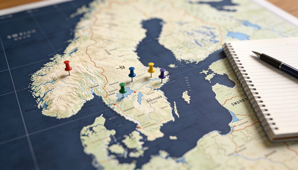 Illustrationsbild: karta över Sverige med markeringsnålar i olika regioner, sedd ovanifrån.
